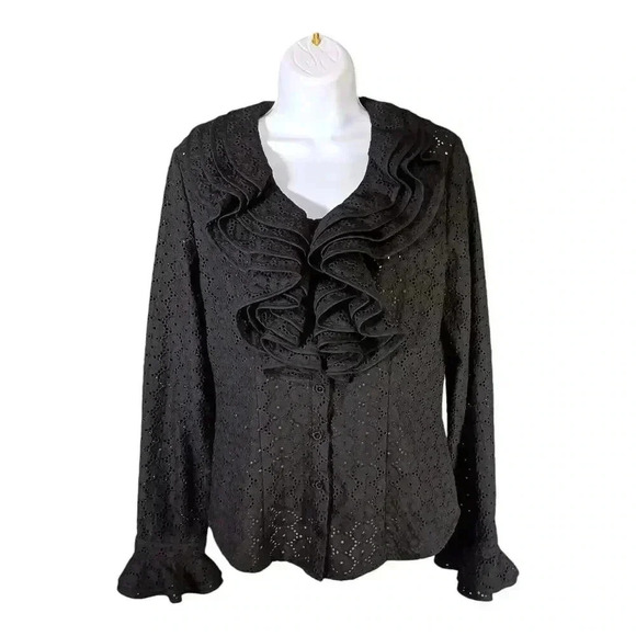 Ravel Blouse Eyelet Ruffle Long Sleeve Black Women's Small - Picture 1 of 5